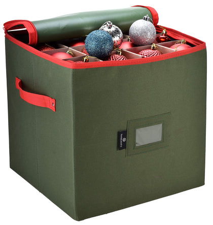 Christmas Ornament Storage - Stores up to 64 Holiday Ornaments, Adjustable Dividers, Zippered Top, Two Handles. Attractive Storage Box Keeps Holiday Decorations Clean and Dry for Next Season. (Green)