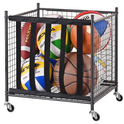 Mythinglogic Rolling Sports Ball Storage Cart, Sports Lockable Ball Storage Locker with Elastic Straps, Stackable Ball Cage for Garage Storage Garage Organizer (1 Set)