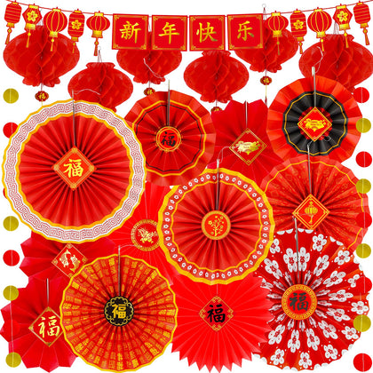 Winlyn 20 Pcs Bulk Chinese New Year Party Decorations Chinese Red Lanterns Oriental Hanging Lucky Paper Fans New Year Banner for Asian Lunar New Year The Year of Dragon Festival Wedding 2024 Decor