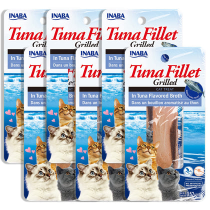 INABA Natural, Premium Hand-Cut Grilled Tuna Fillet Cat Treats/Topper/Complement with Vitamin E and Green Tea Extract, 0.52 Ounces Each, Pack of 6, Tuna Broth