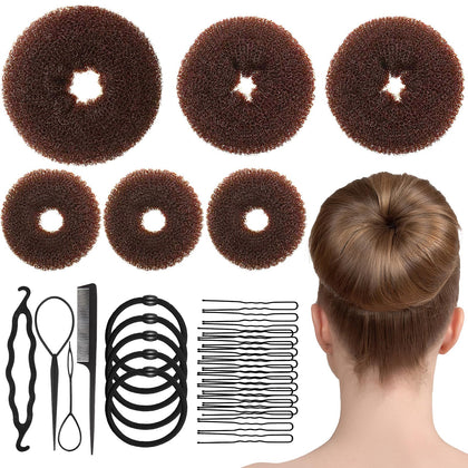 Hair Bun Maker Set 6 PCS, Ring Style Hair Bun Donut (1 L, 2 M and 3 S), Hair Bun Shaper, Hair Accessories with 20 Hair Pins, 5 Elastic Bands and 4 Pony Hair Tools for Women & Girls Kids (Dark Brown)