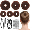 Hair Bun Maker Set 6 PCS, Ring Style Hair Bun Donut (1 L, 2 M and 3 S), Hair Bun Shaper, Hair Accessories with 20 Hair Pins, 5 Elastic Bands and 4 Pony Hair Tools for Women & Girls Kids (Dark Brown)