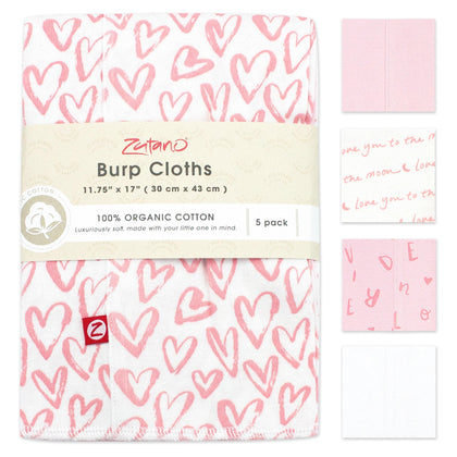 Zutano 5-Pack Organic Burp Cloths for Baby Girl & Boy, Large Cotton Burping Cloths for Babies | Absorbent Baby Spit-Up Rags | Gender Neutral Burp Clothes | Newborn Essentials, Pink Hearts