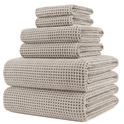 POLYTE Oversize, 60 x 30 in., Quick Dry Lint Free Microfiber Bath Towel Set, 6 Piece (Beige, Waffle Weave)