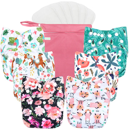 wegreeco Washable Reusable Baby Cloth Pocket Diapers 6 Pack + 6 Rayon Made from Bamboo Inserts (with 1 Wet Bag, Flower)