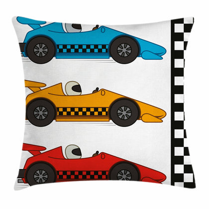 Lunarable Cartoon Throw Pillow Cushion Cover, Race Cars at Start Line Adrenaline Exotic Sports Championship Theme, Decorative Square Accent Pillow Case, 18