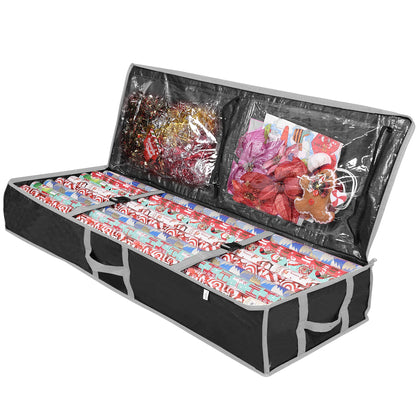 ProPik Wrapping Paper Storage Containers | Gift Wrap Organizer Under Bed | 41x14x6 | Box Holds 18-24 Rolls Up to 40 Long | Holder with Pockets for Ribbon Bows & Accessories (Black)