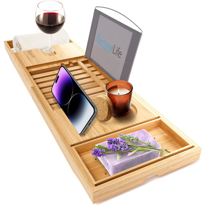 SereneLife Luxury Bamboo Bathtub Caddy Tray - Adjustable Natural Wood Bath Tub Organizer with Wine Holder, Cup Placement, Soap Dish, Book Space & Phone Slot for Spa, Bathroom & Shower - SLBCAD20
