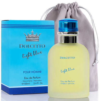 Dolcetto Light Blue for Men - 3.4 Fl. Oz. 100ml Men's Perfume with NovoGlow Carrying Pouch - Refreshing Combination of Woody Floral & Aquatic Fragrance - Scent Lasts All Day A Gift for Any Occasion