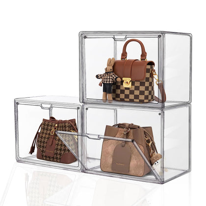 AWNOM 3 Pack Clear Plastic Handbag Storage Organizer for Closet, Acrylic Display Case Magnetic Door, Stackable Handbag and Purse Storage Organizer for Wallet, Book, Toys Organization and Display