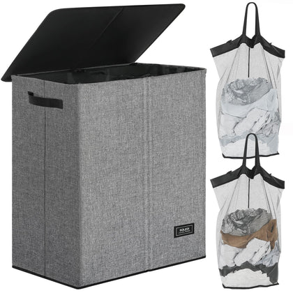 SOLEDI 145L Double Laundry Hamper with Lid and Handle, Laundry Basket 2 Section with Removable bag, Collapsible Dirty Clothes Hampers for Laundry, Bedroom, Dorm, College