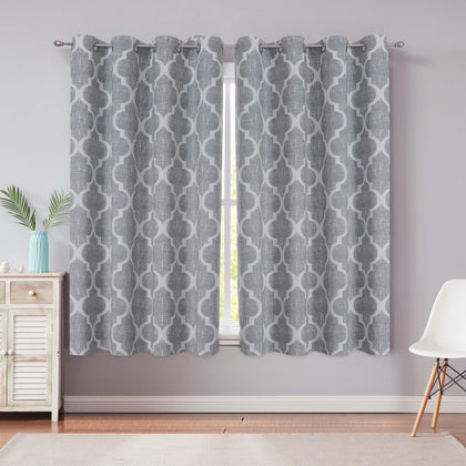 Beauoop Rings 95% Blackout Window Curtain Panels Moroccan Geo Print Room Darkening Thermal Insulated Energy Efficient Drapes Quatrefoil Grommet Top Window Treatment Set, 50 by 54 Inch, Gray (2 Panels)