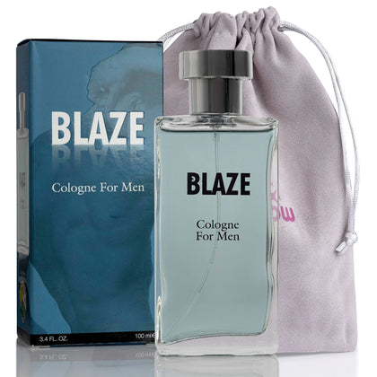 NovoGlow Blaze Eau de Parfum Cologne for Men With Luxurious Suede Pouch - Marine Breeze, Sandalwood And Sensual Musk Wood Notes- 100ml - 3.4 oz - Great Gift For Men