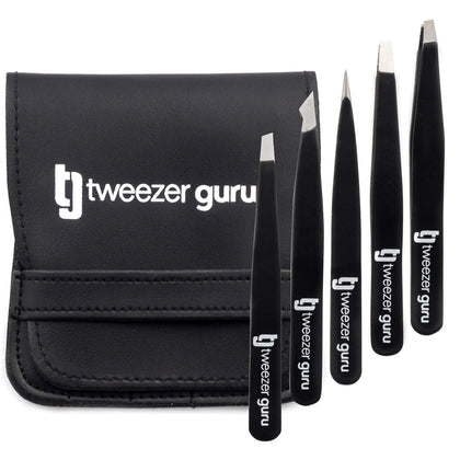 Tweezers Set 5-piece - Tweezer Guru Stainless Steel Slant Tip and Pointed Eyebrow Tweezer Set - Great Precision for Facial Hair, Ingrown Hair, Splinter and Blackhead Remover (Black) (5-Pack)