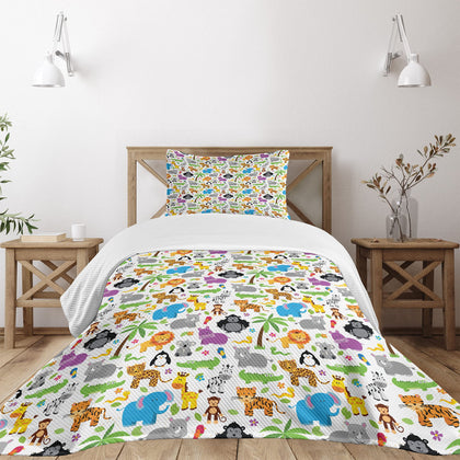Lunarable Animals Bedspread, Childish Jungle and Zoo Themed Pattern with Tropical Trees and Animals, Decorative Quilted 2 Piece Coverlet Set with Pillow Sham, Twin Size, Multicolor