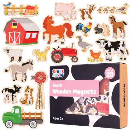 SPARK & WOW Wooden Magnets - Farm - Set of 20 - Magnets for Kids Ages 2+ - Cute Farm Magnets for Fridges, Whiteboards and More