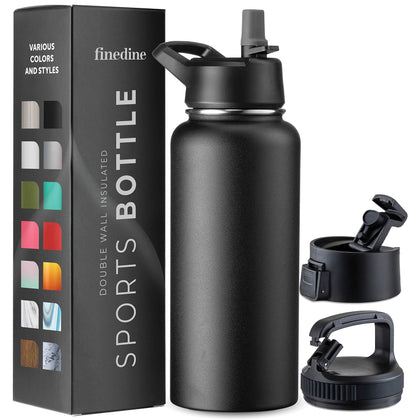 FineDine Insulated Water Bottles with Straw - 32 Oz Stainless Steel Metal Water Bottle W/ 3 Lids - Reusable for Travel, Camping, Bike, Sports - Inky Raven Black