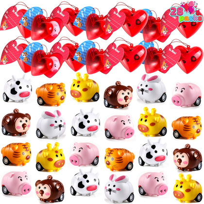 JOYIN 28 Pack Valentine Day Animals Pull Back Vehicles for Kids with Gift Cards and Filled Hearts, Pull Back & Go Car Toy Sets for Toddlers Kids Valentine School Classroom Exchange, Game Prizes