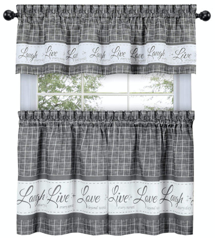 GoodGram Country Gingham Check Live~Laugh~Love 3 Pc. Café Plaid Kitchen Curtain Set - Assorted Colors & Sizes (Gray, 36 in. L)