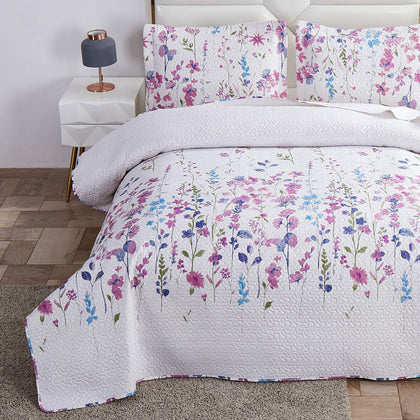 Summer Lightweight Thin Floral Quilts Twin Size,Purple Blue Lilac Flowers Green Leaves Botanical Bedspread Coverlet Set,Breathable Bed Cover with Standard Pillow Shams,Random Patterns