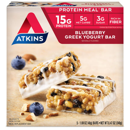 Atkins Blueberry Greek Yogurt Protein Meal Bar, High Fiber, 15g Protein, 3g Sugar, 5g Net Carbs, Meal Replacement, Keto Friendly, 5 Count