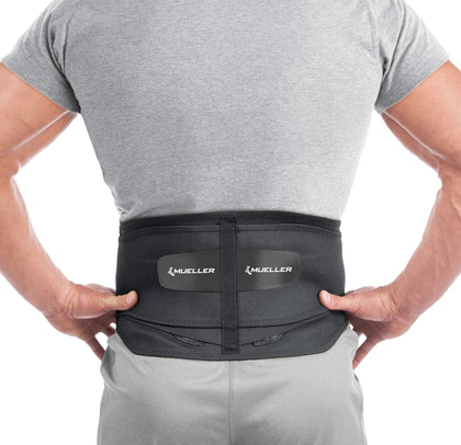 MUELLER Sports Medicine Lumbar Back Brace, Lower Back Pain Relief and Support Belt for Men and Women, Black, Regular (28-50 Inches)