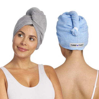 Turbie Twist Microfiber Hair Towel Wrap for Women and Men | 2 Pack | Bathroom Essential Accessories | Quick Dry Hair Turban for Drying Curly, Long & Thick Hair (Grey, Blue)