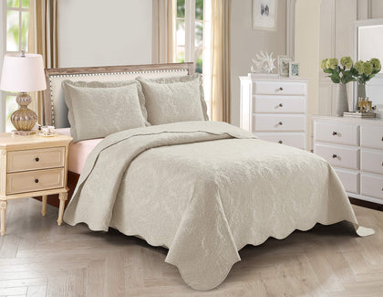 Home Collection 3pc Full/Queen Over Size Elegant Embossed Bedspread Set Light Weight Solid Beige New