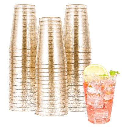 JOLLY CHEF 50 Pack 14 oz Gold Plastic Cups, Disposable Gold Glitter Plastic Cups, Clear Plastic Cups Tumblers, Wedding Cups Party Cups, Ideal for Halloween, Thanksgiving, Christmas