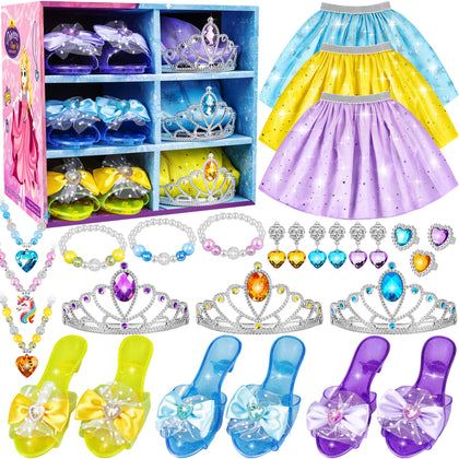 Princess Dress Up, Toddler Dress Up, Girl Jewelry Dress Up Toy Gifts for 2 3 4 5 6 Year old Girls, Princess Costumes Set incl 3 Skirts, Shoes, Crowns, Necklaces, Girls Pretend Play Kit Party Favors