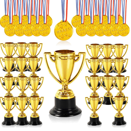 Calvana 48 Pcs Mini Trophies and Medals Awards - 24 Pack 3.5 Inch Gold Plastic Trophy Cup and 24 PCS Shiny Golden Winner Medals for Kids and Adults - Perfect for Party Favors Halloween and Decorations