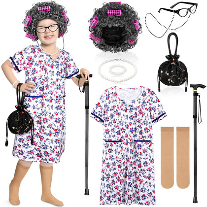 AOTHSO 9 Pieces 100 Days of School Toddler Old Lady Costume Kids Girl Grandma Dress Granny Costume Dress Up Outfit Cosplay