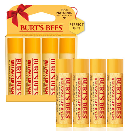 Burt's Bees Lip Balm Stocking Stuffers, Moisturizing Lip Care Christmas Gifts, Original Beeswax with Vitamin E & Peppermint Oil, 100% Natural (4-Pack)