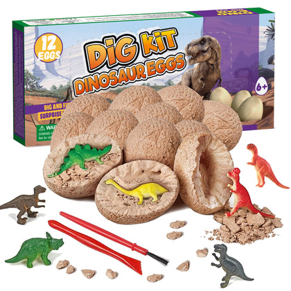 Dino Eggs Dig Kit, 12 Pack Dinosaur Eggs Excavation Science Experiments Kits for Kids 4-12, Easter Basket / Stocking Stuffers, Toys for 3+ 4 5 6 7 8 9 10 Year Old Boys Girl