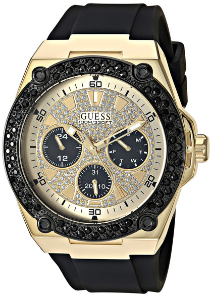 GUESS Black Gold-Tone Glitz Stain Resistant Silicone Watch with Day, Date + 24 Hour Military/Int'l Time. Color: Black (Model: U1257G1)