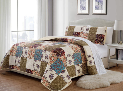 Mk 3pc King/California King Home Bedspread Quilted Print Floral Beige Burgundy Purple Blue Taupe Over Size New # Milano 62