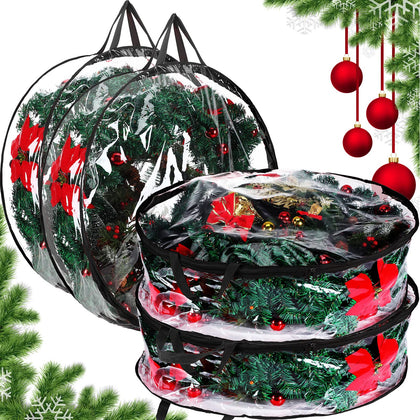 Zhengmy 30'' 24'' Christmas Wreath Storage Container - 4 Pack Clear Xmas Bags with Handle and Dual Zipper Plastic Decorative Protector for Seasonal Holiday Garland (Black)