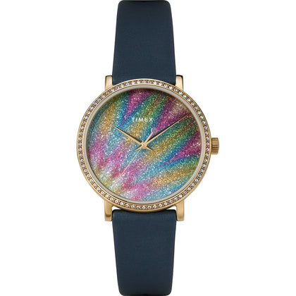 Timex Women's Celestial Dress 38mm Watch - Glitter Dial & Gold-Tone Case with Blue Textured Leather Strap