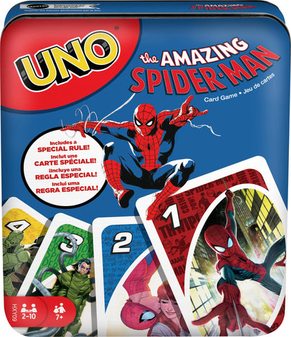 Mattel Games UNO The Amazing Spider-Man Card Game in Storage & Travel Tin for Kids, Adults & Family with Deck & Special Rule (Amazon Exclusive)