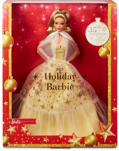 Barbie Signature Doll, 2023 Holiday Collectible with Golden Gown & Light Brown Hair, Doll Stand & Displayable Packaging