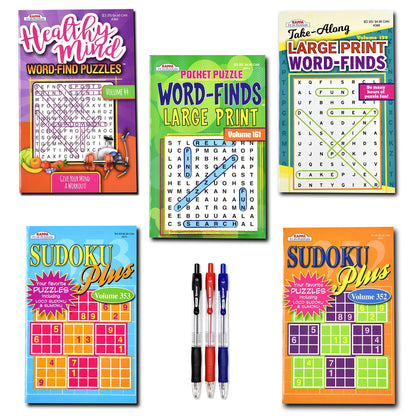 Variety Savings 5-Pack 450+ Travel-Size Sudoku Book,Sudoku Puzzles for Adults, Large Print WordSearch Puzzle Books for Adults, Aging Seniors Brain Stimulation Variety Pack Bulk - Digest Size 8x5