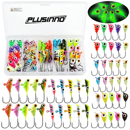 PLUSINNO Ice Fishing Gear, Ice Fishing Jigs, Crappie Jigs, Glow in The Dark Jig Heads for Ice Fishing Kit, 50pcs/30pcs Ice Fishing Lures with Tackle Box for Crappie Panfish Walleye Perch
