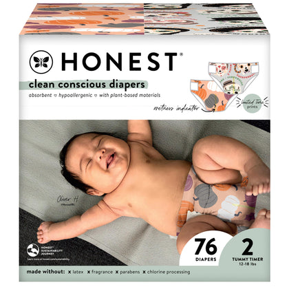 The Honest Company Clean Conscious Diapers | Plant-Based, Sustainable | Fall '23 Limited Edition Prints | Club Box, Size 2 (12-18 lbs), 76 Count
