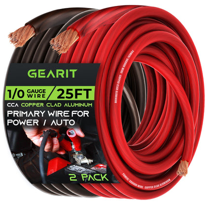 GearIT 1/0 Gauge Wire (25ft Each - Black/Red Translucent) Copper Clad Aluminum CCA Primary Automotive Power/Ground, Battery Cable, Car Audio Speaker, RV Trailer, Amp, Electrical 0ga AWG 25 Feet