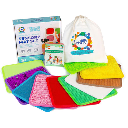 Sensory Mat Set - 9 Square 8.6-Inch Sensory Tiles for Sensory Wall, Floor & More - Mixed Colors & Textures Provide Fun Play-Based Learning for Kids Ages 3-8 - Includes Sensory Maze & Storage Bag