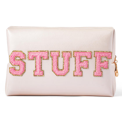 Y1tvei Preppy Patch Extra Large Stuff Varsity Letter Makeup Bag Sewn with Pink Felt Letter PU Leather Waterproof Portable Cosmetic Pouch for Purse Toiletry Zipper Organizer for Women (Shell Gold)