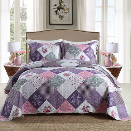 HoneiLife Quilt Set Twin Size - 2 Piece Microfiber Quilts Reversible Bedspreads Patchwork Coverlets Floral Bedding Set All Season Quilts with Geometric and Little Rose Print Pattern?Purple