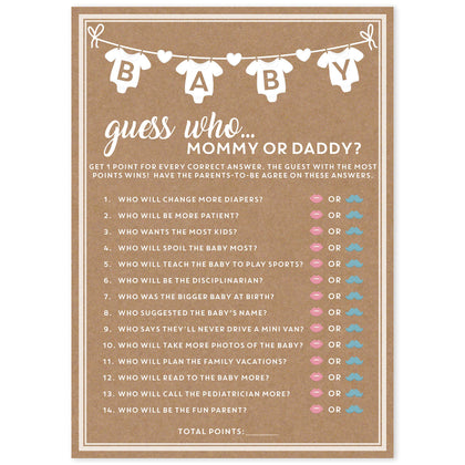 Party Hearty Baby Shower Games for Girl or Boy, 50 pcs Mommy or Daddy Guess Who Game, Fun Activity Cards, Gender Neutral, Baby Shower Ideas