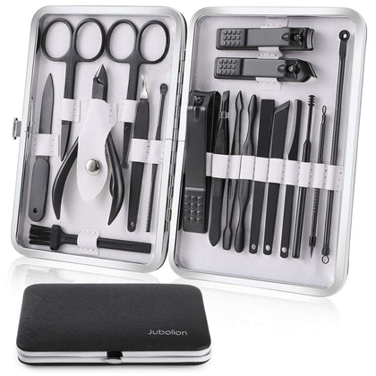 Manicure Set, Jubolion 19pcs Stainless Steel Professional Nail Clippers Pedicure Set with Black Leather Storage Case, Portable Grooming Kit for Travel or Home, Perfect Gifts Women and Men (Black)