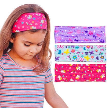 FROG SAC 3 Wide Headbands for Girls, Elastic Hair Bands for Kids, Soft Fabric Stretch Hair Accessories for Children, Cute Sports Yoga Girl Headband (Unicorn/Butterfly/Princess)
